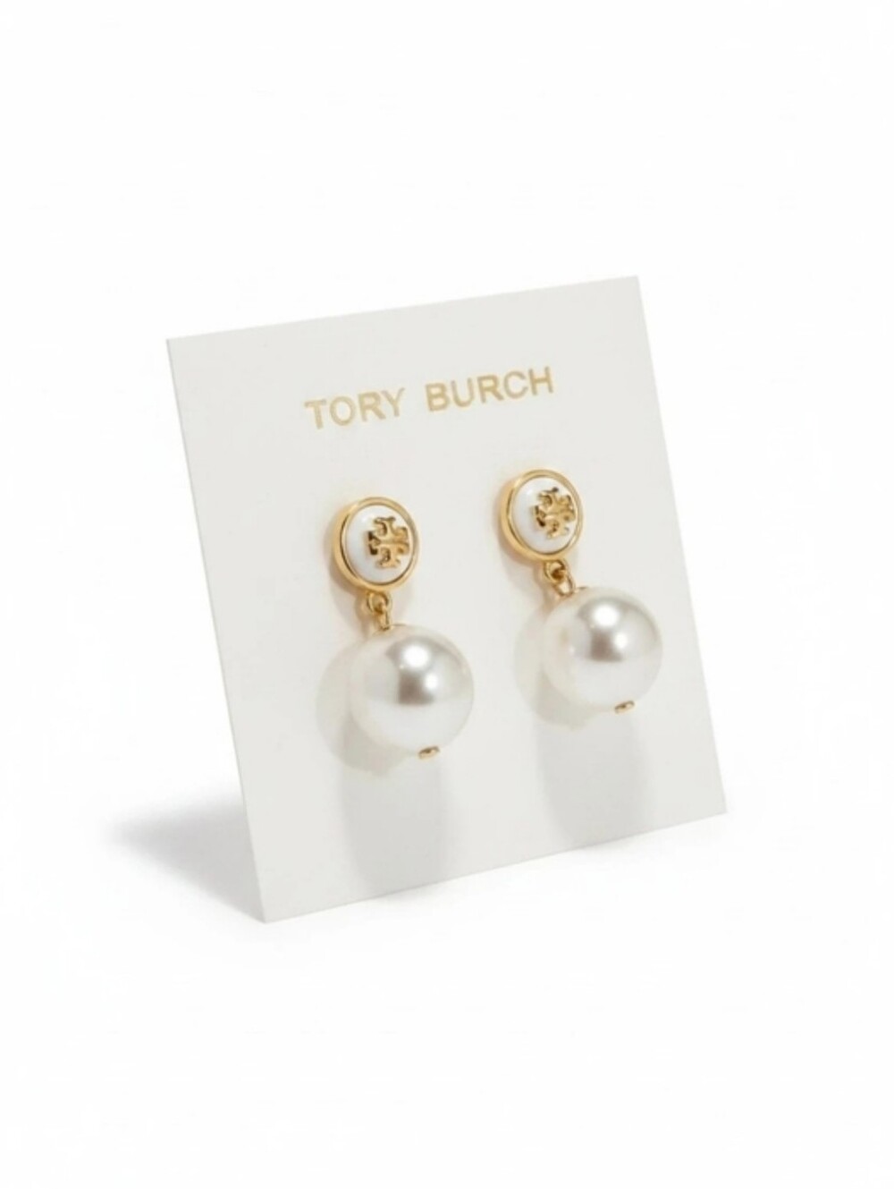 Tory Burch Gold Logo With White Circle Drop Earrings with White Pearl Teardrops